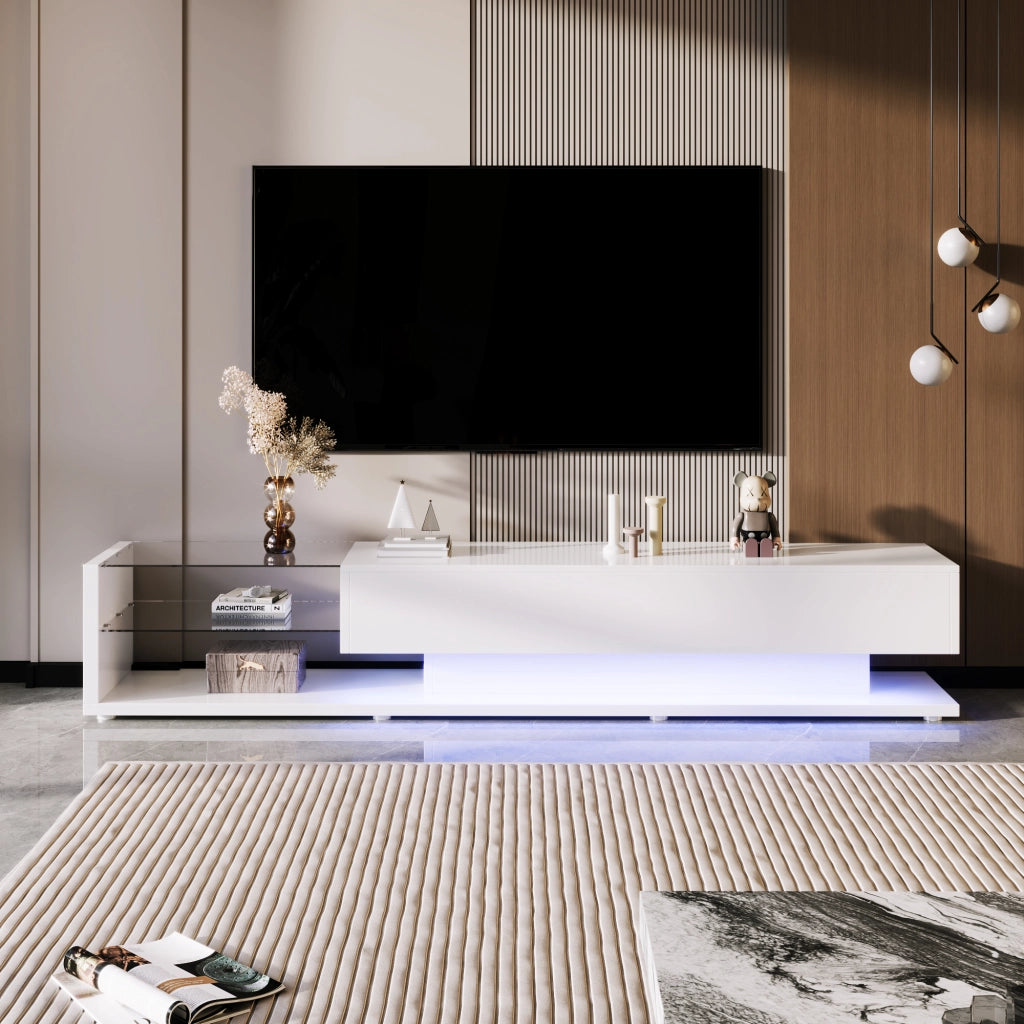 Mobile TV con 2 Cassetti; 2 Ripiani in Vetro e LED Regolabile; Bianco Lucido; 170??36??38 cm; in Truciolare
