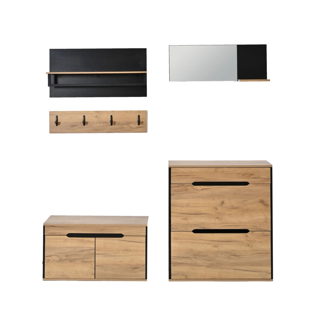 Garderoba ingresso 156x36x176 cm con specchio; ganci e scarpiera regolabile in MDF naturale e nero