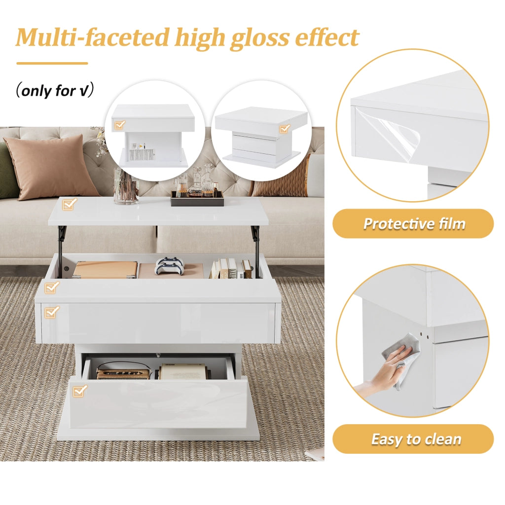 Tavolino da salotto quadrato sollevabile con 1 cassetto e vano nascosto; piano girevole a 360°; per soggiorno; 70 × 70 × 45 cm