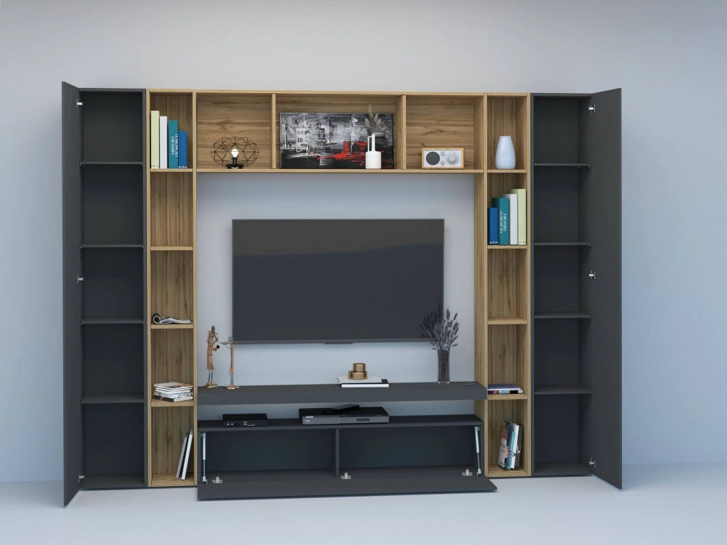 Parete attrezzata Austis, Set salotto porta TV a 3 ante, Mobile soggiorno multiuso, 100% Made in Italy, cm 270x35h210, Antracite e Rovere
