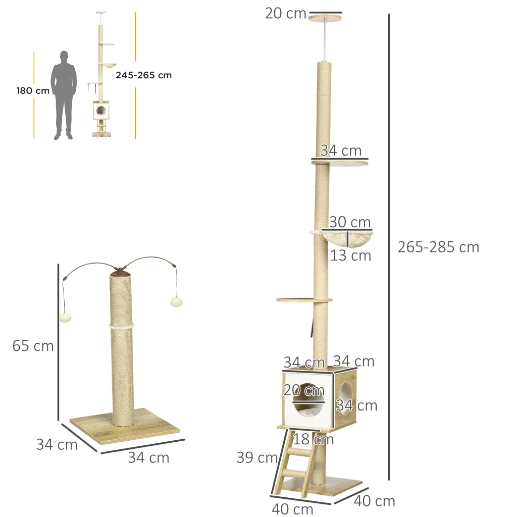 Albero tiragraffi per gatti altezza regolabile con gioco ¨C zephmum ¨C beige 40x40x225-285 cm