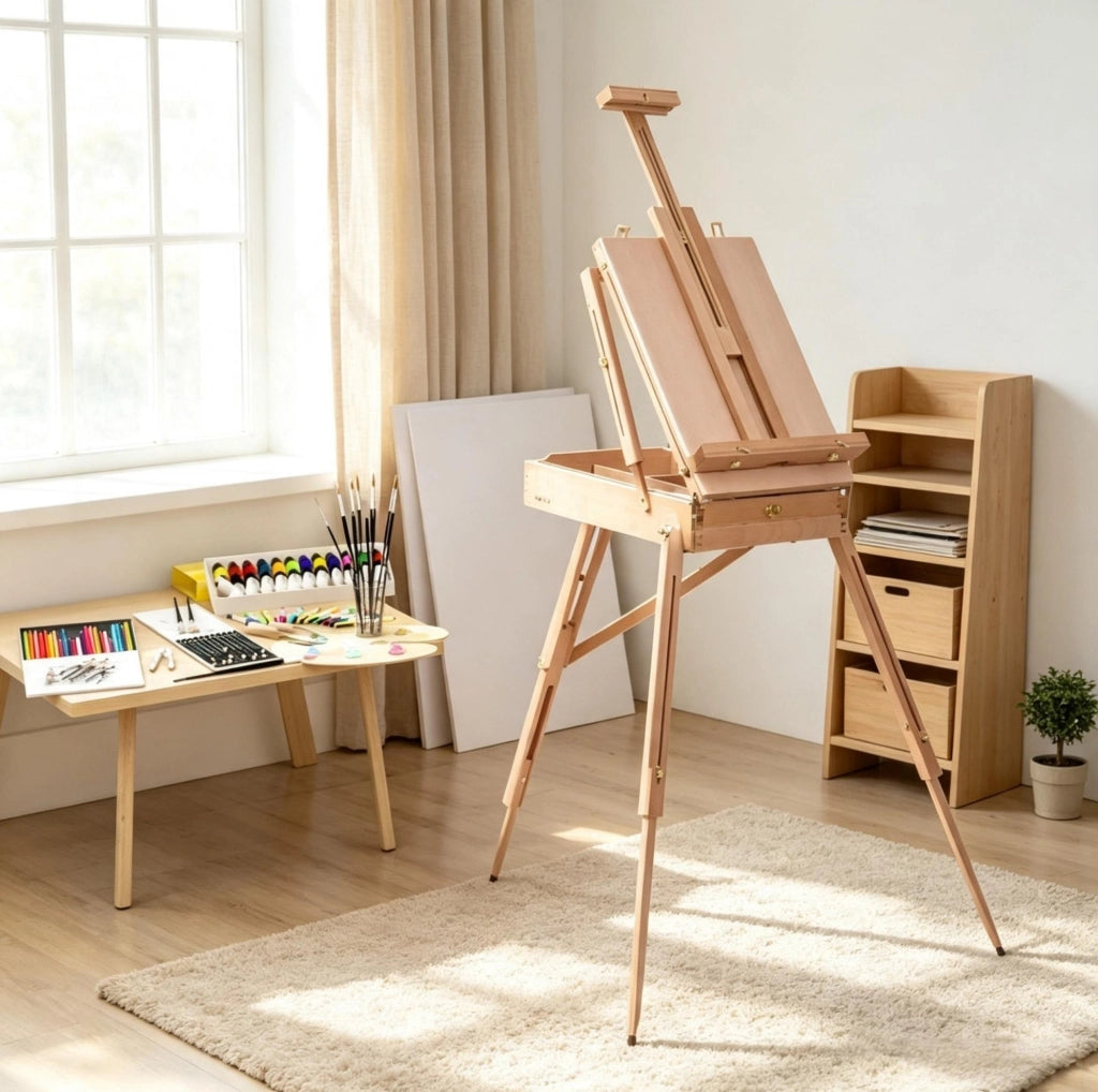 Cavalletto pieghevole 40,7x18x55 cm in legno di faggio chiaro con vano portaoggetti –