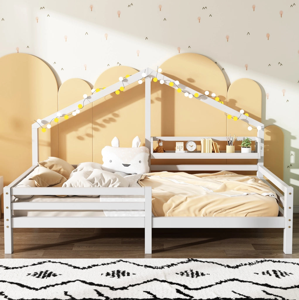 Lettino a casetta con scaffale per bambini 90x200 cm in legno di pino bianco