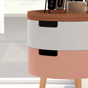 Set 2 Tavolini da Caffè con 2 Vani Contenitore e Vassoio Superiore Ø35 x 65,5 cm in MDF e Legno Bianco e Rosa