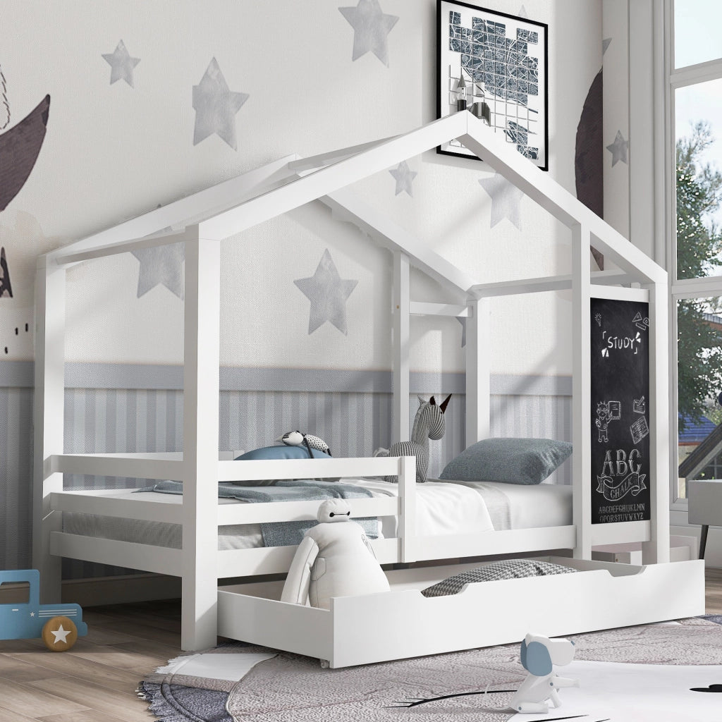 Letto casa per bambini 90x200 cm in legno massiccio con lavagna, 2 cassetti e sponde, bianco