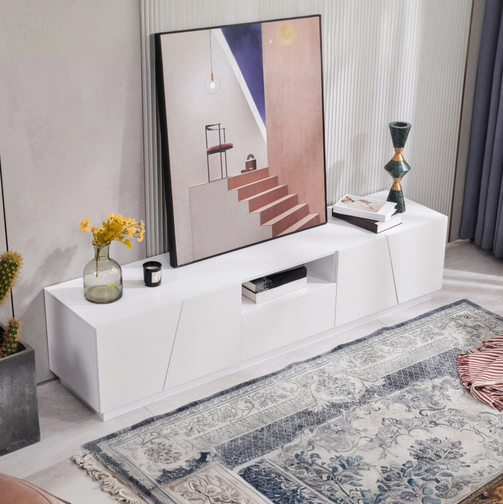 Mobile TV moderno 170x42x37 cm con 4 ante e 2 vani aperti in MDF bianco
