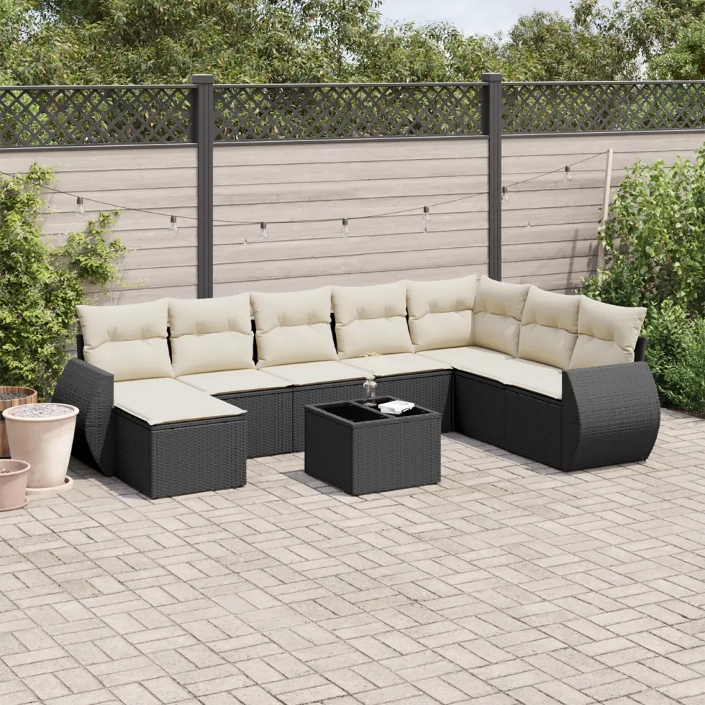 Set Divani da Giardino 9 pz con Cuscini Nero in Polyrattan