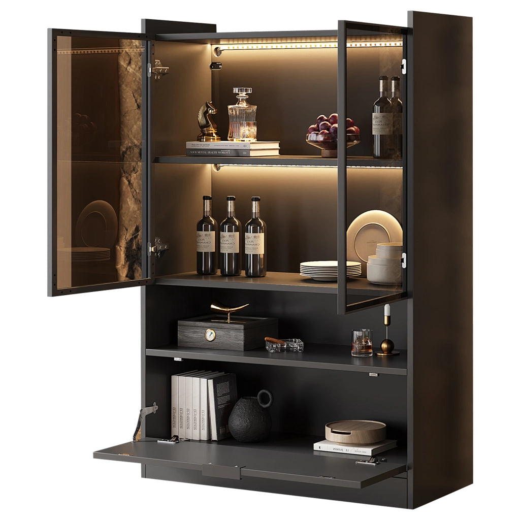 Vetrina con 2 ante in vetro; vano inferiore e LED - nero - 80x35x120 cm