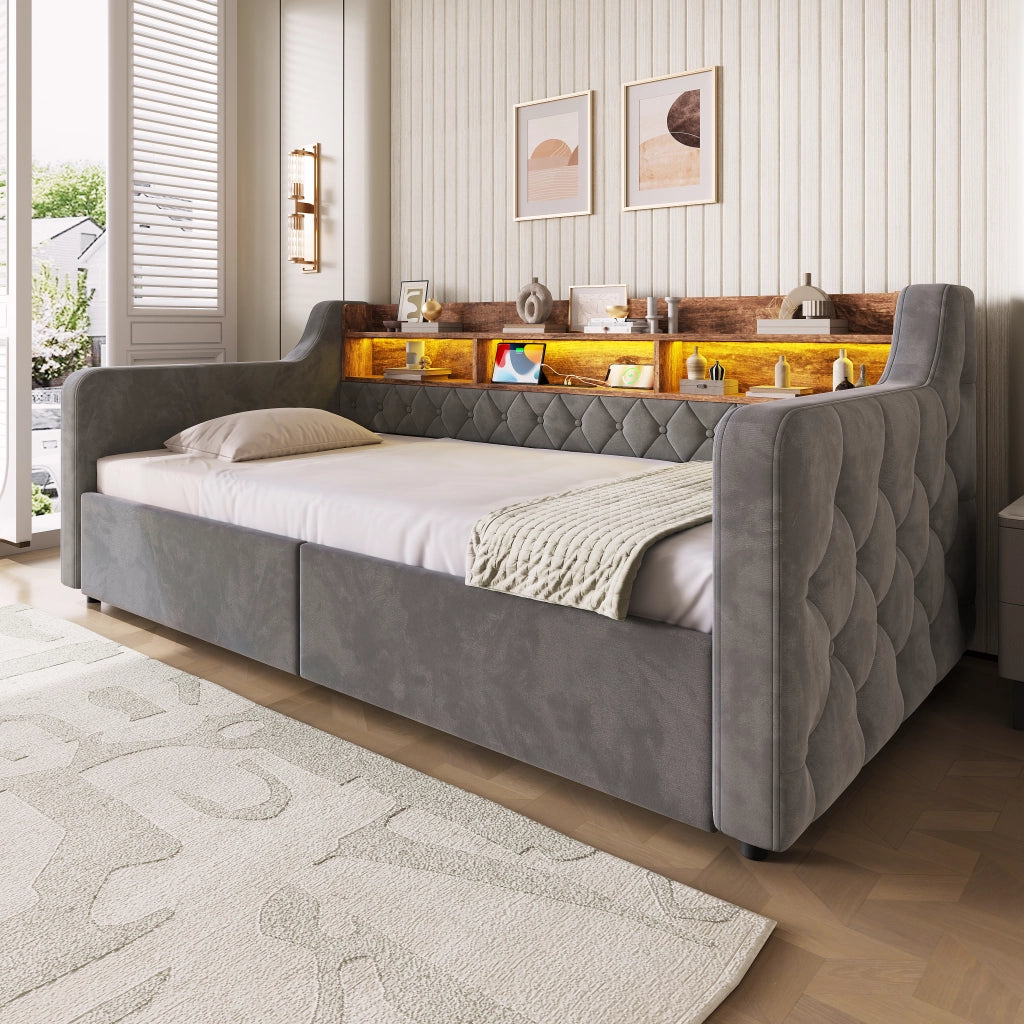 Letto imbottito con contenitore e LED, testiera con ripiano e ricarica, 2 cassetti, velluto dark gray 90 × 190 cm