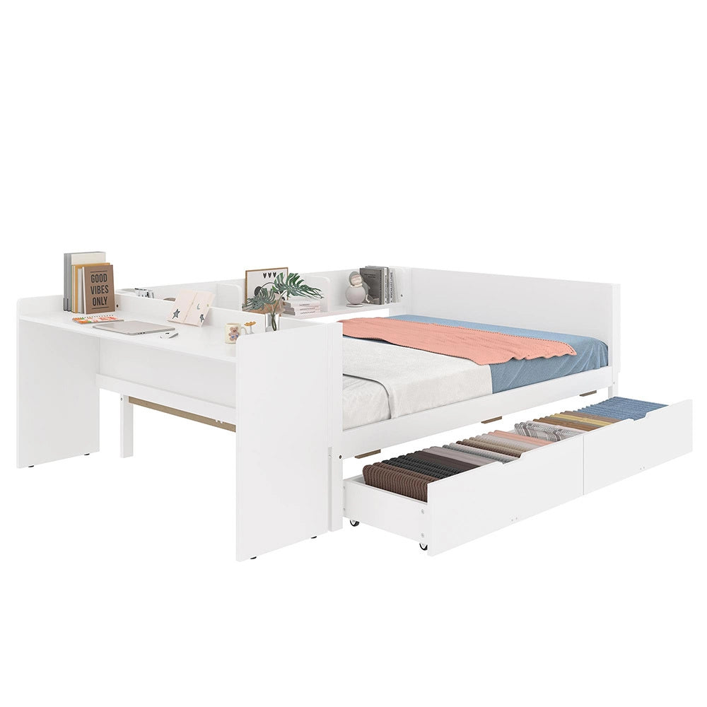 Letto-Xylo-140x200 cm-con scrivania, 2 cassetti, scaffali, pino, bianco