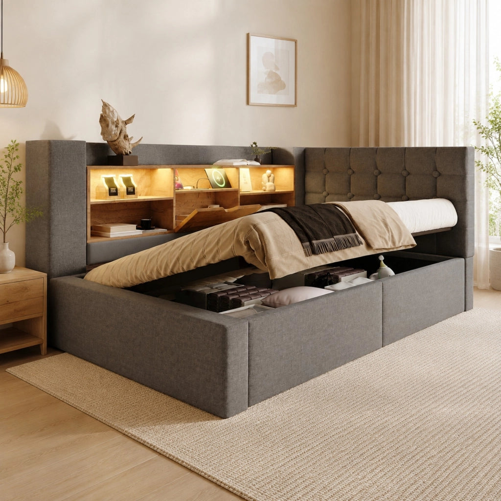 Letto singolo 90x200 cm con LED, contenitore idraulico e testiera L, grigio