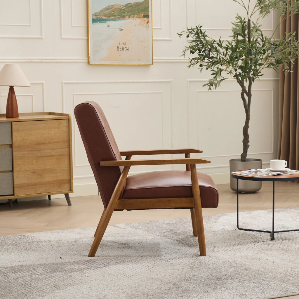 Poltrona Lounge con Schienale con Cuciture Pull-Point e Struttura Stabile, in Pelle, Legno e PVC, Marrone