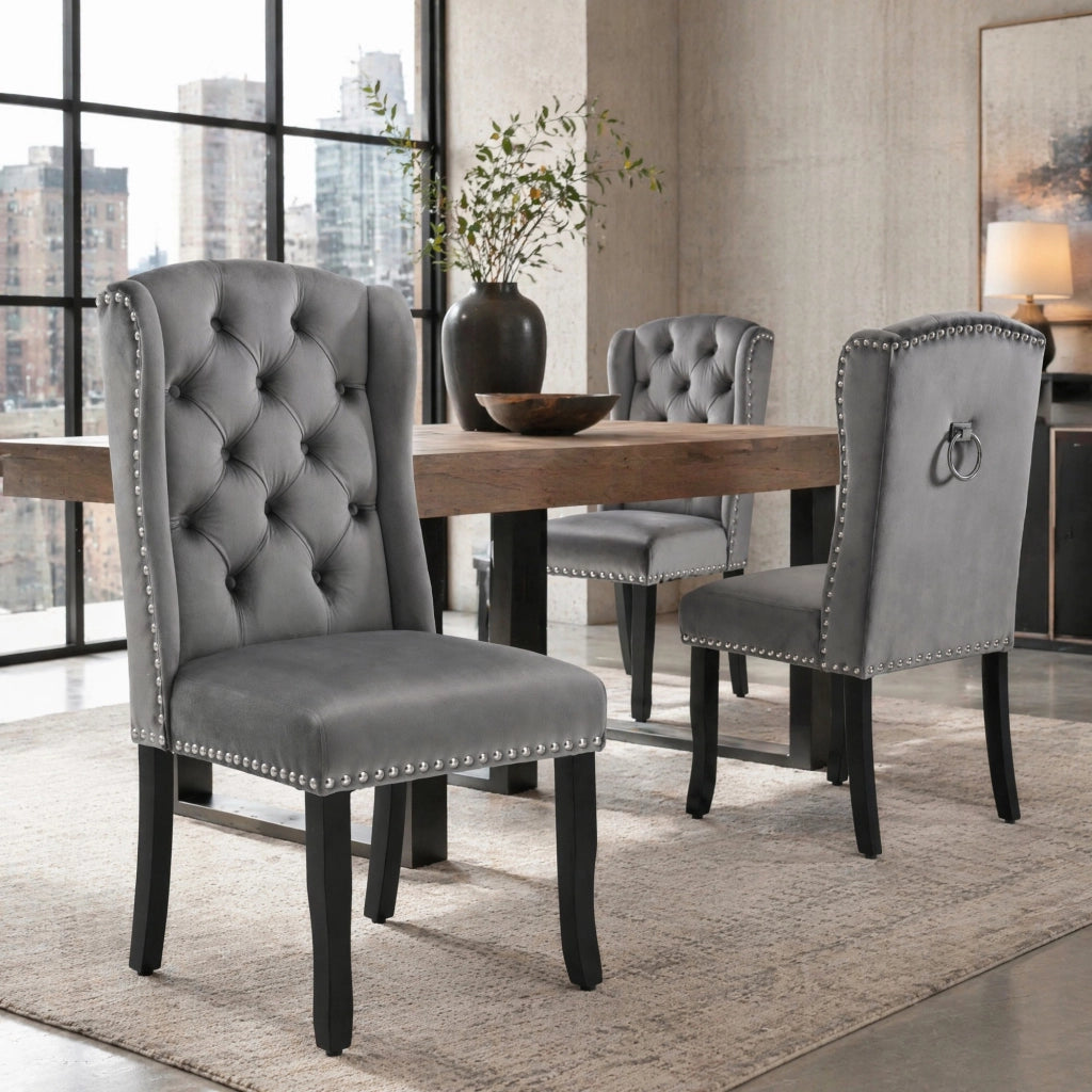 Set di 2 sedie da pranzo in velluto grigio con gambe in legno di quercia, stile moderno