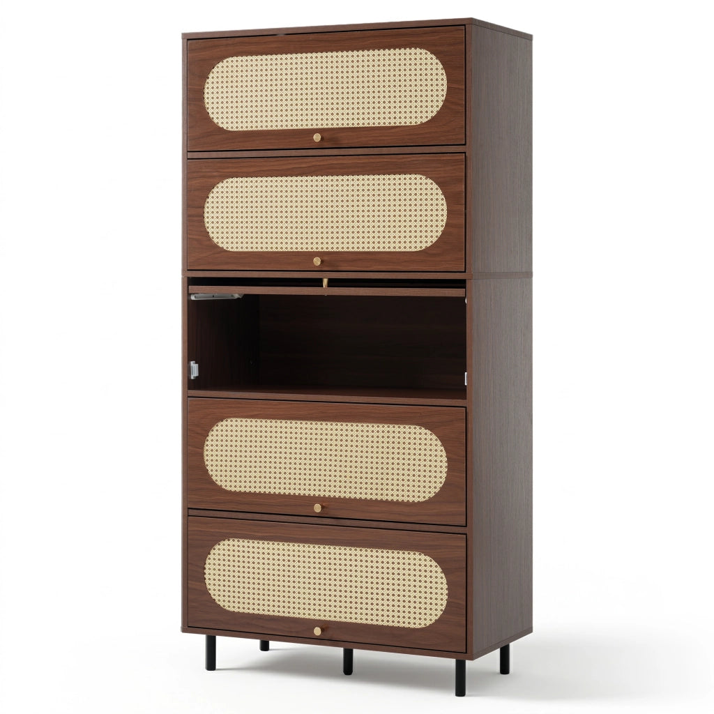 Credenza alta in finitura noce con ante a ribalta, struttura in MDF, truciolato e metallo, 80 x 40 x 163 cm