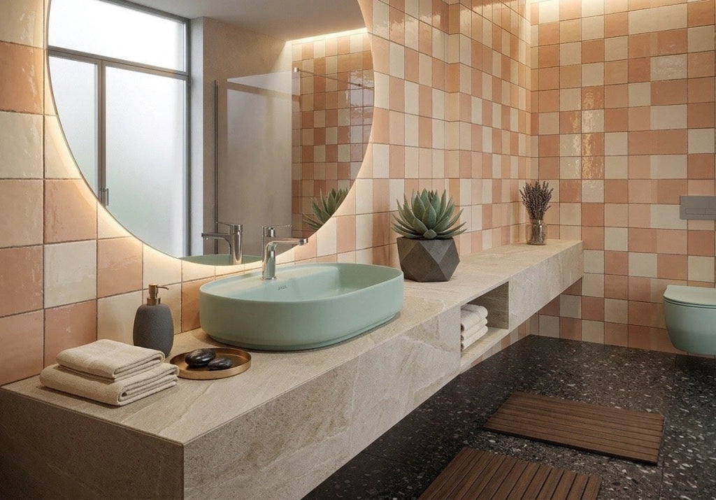 Lavabo ovale da appoggio senza troppo pieno in ceramica con foro rubinetto - Menta Opaco
