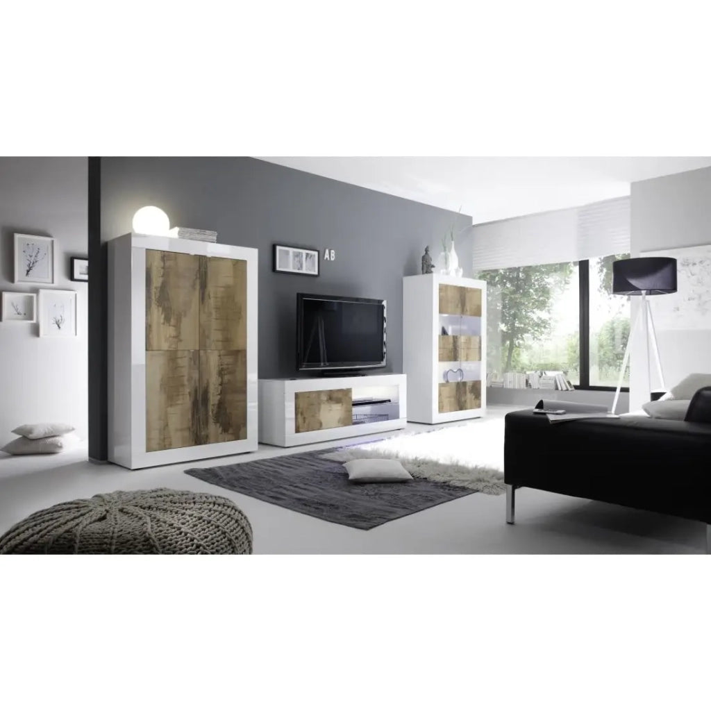Mobile TV 1 porta, collezione ISORA, colori bianco lucido laccato e rovere chiaro