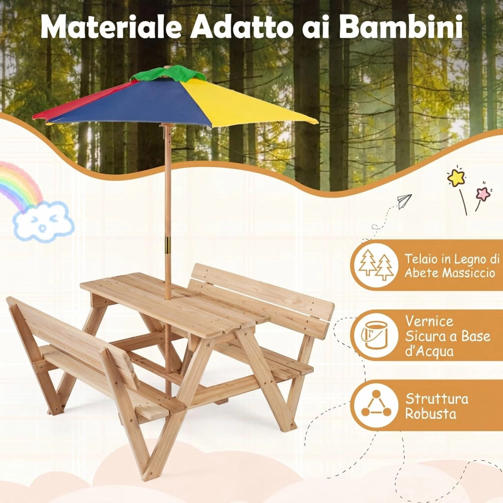 Tavolo da Picnic per Bambini, Set Tavolo e Panche da Giardino con Ombrellone Regolabile in Altezza e Struttura in Legno Massello per Campeggio e Picnic per Bambini 3-8 Anni