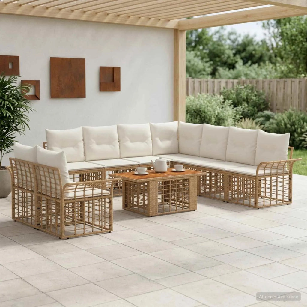 Set Divano da Giardino 10 pz Naturale e Bianco Crema polyrattan 3437992