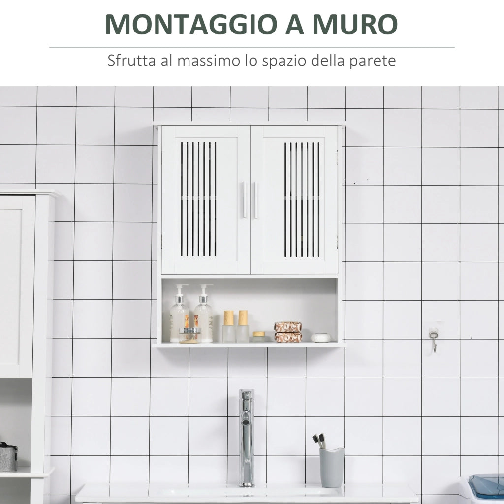 Mobiletto da Bagno a Muro Salvaspazio con Armadietto e Ripiano, 60x20x70 cm, Bianco