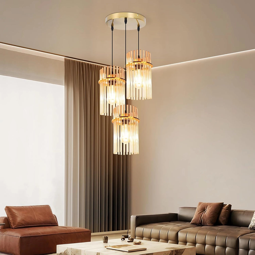 Lampada a sospensione ZMH vintage a 3 fiamme intorno vetro dorato E27 (senza lampadina)