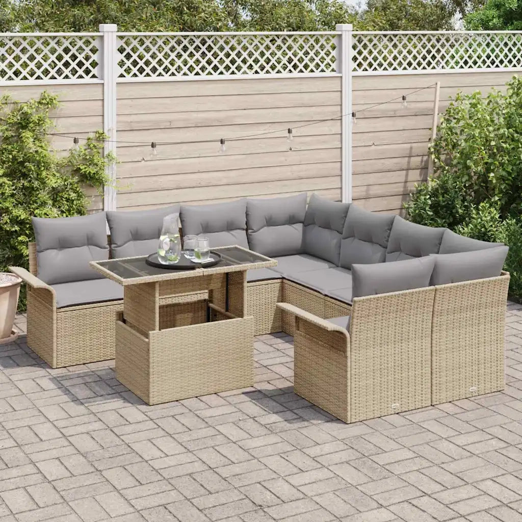 Set Divano da Giardino con cuscino 9 pcs Beige Poly Rattan