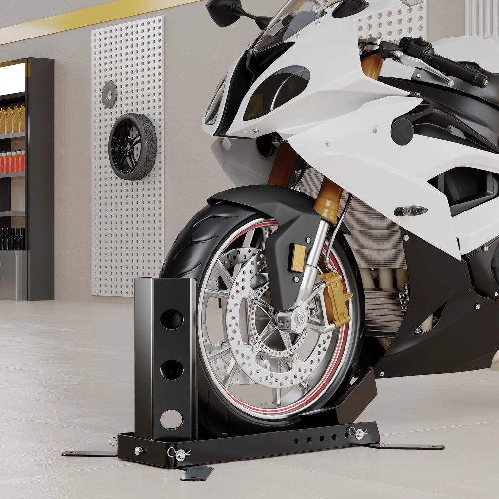 Cavalletto blocca ruota moto max 450 kg, per pneumatici anteriori e posteriori da 14-21", reggi-ruota inclinabile