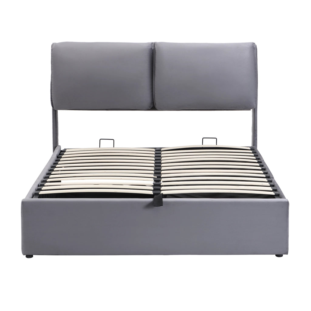 Letto imbottito 140x200 in velluto grigio con 3 cassetti, contenitore idraulico, rete a doghe e testiera regolabile