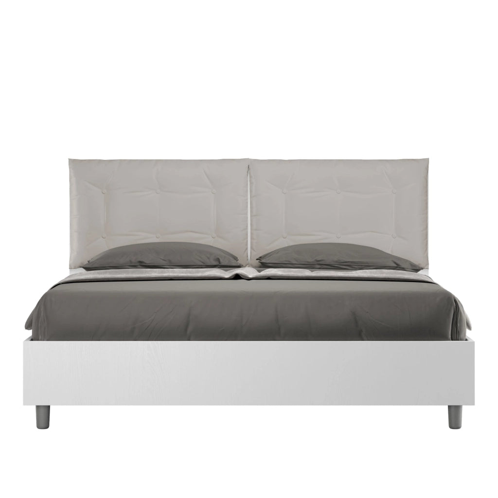 Letto matrimoniale con rete 160x190 bianco frassino cuscini similpelle cappuccino Egos Annalisa