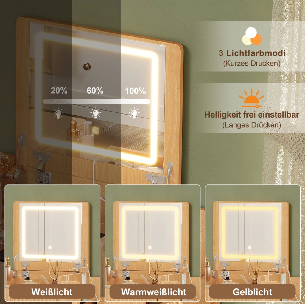 Toeletta compatta naturale con specchio LED, ricarica integrata e sgabello con ruote