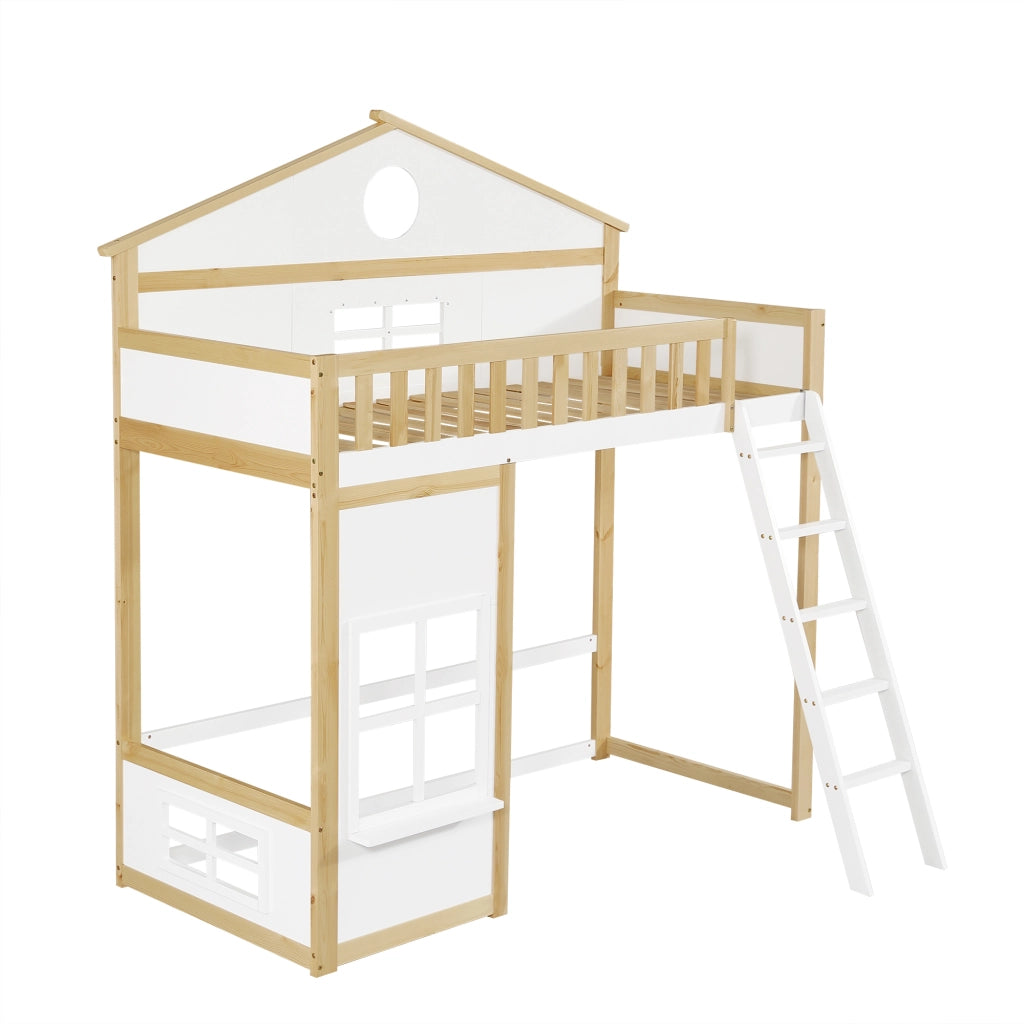 Letto a Castello 90x200 cm - con Scala; Tetto; Finestre e Sponde - Bianco e Naturale