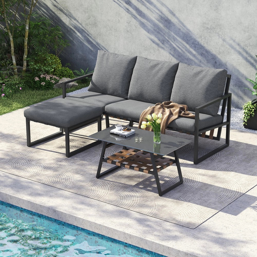 Set da giardino angolare - Zephmum - Divano + tavolino + pouf, tubo d'acciaio zincato, piano in vetro