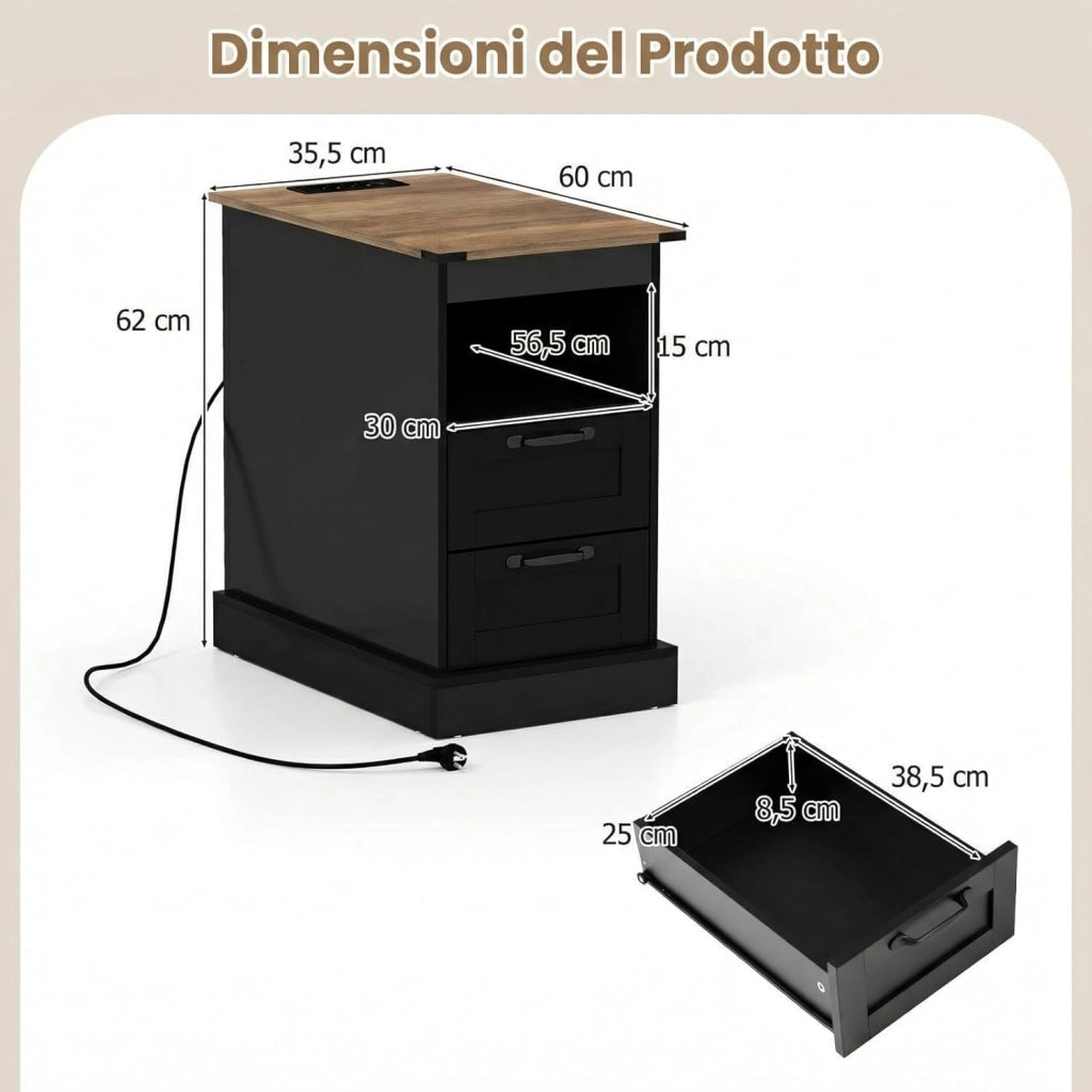Tavolino con Cassetti e Stazione di Ricarica, Comodino con Mensola Aperta, 2 Cassetti, 2 Prese AC, Porta USB e Porta Type-C, Tavolino da Divano e Letto per Salotto e Camera da Letto (Nero)