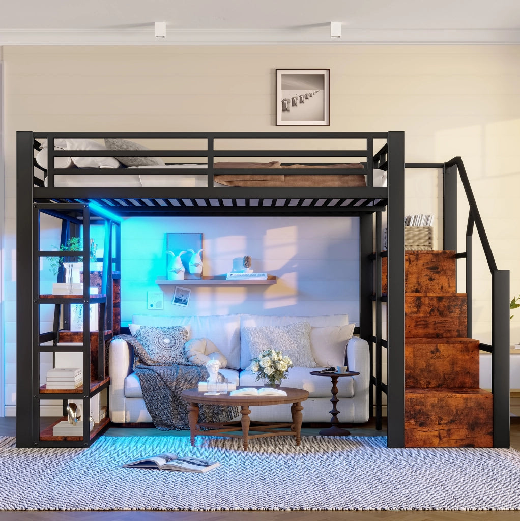 Letto a soppalco 140x200 cm con LED; scaletta e parapetti in metallo e MDF nero