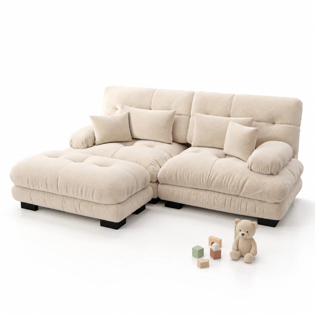 Divano Angolare Cloud in Chenille Vintage Marrone Chiaro con Braccioli Imbottiti e Pouf Abbinati