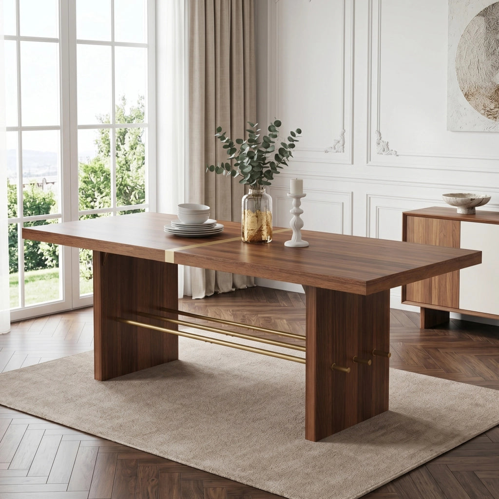 Tavolo da pranzo per 6-8 persone in MDF, piano spesso 4 cm, effetto noce e dettagli oro, per sala da pranzo, 180 × 75 cm