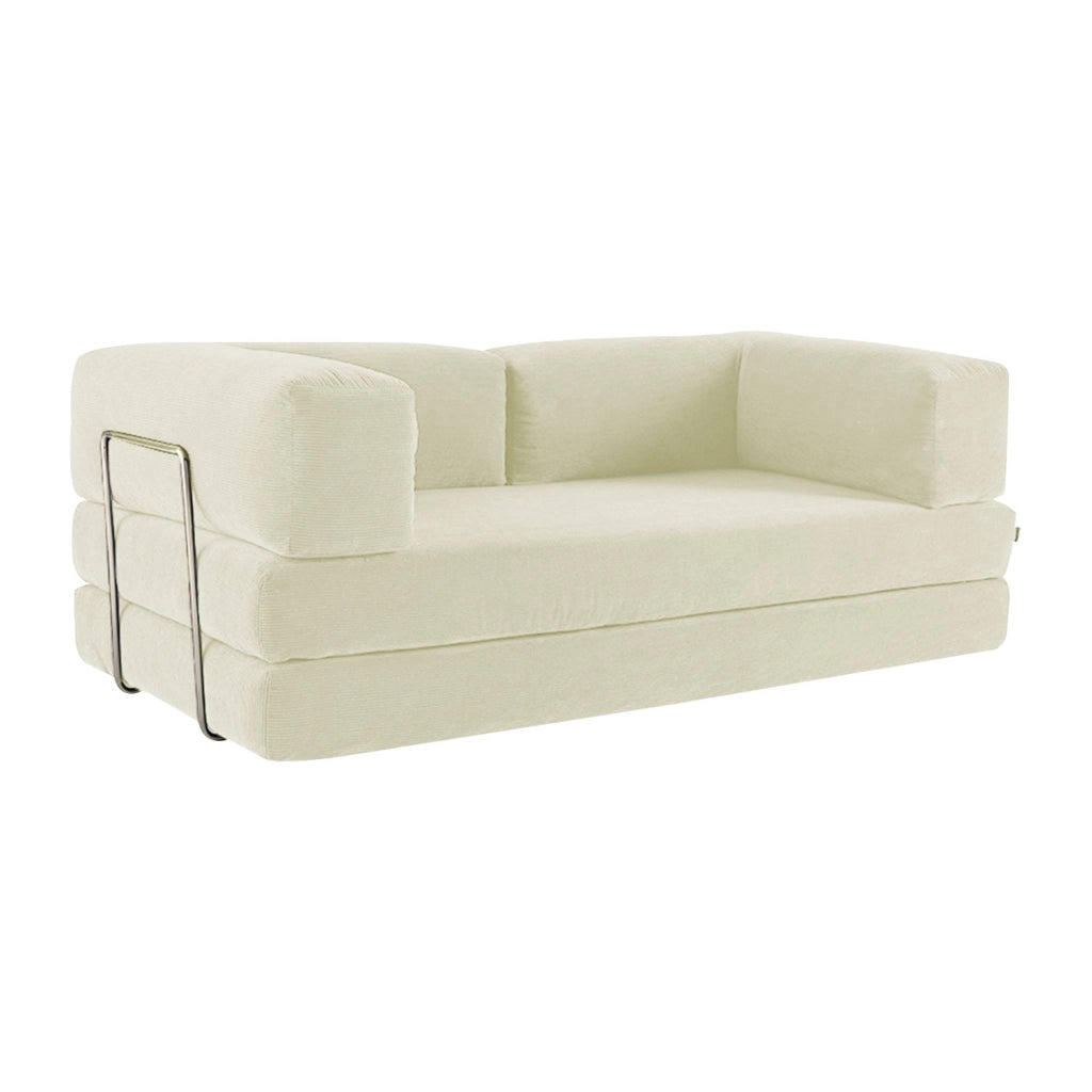 Divano letto futon in velluto a coste e struttura cromata, 3 posti,