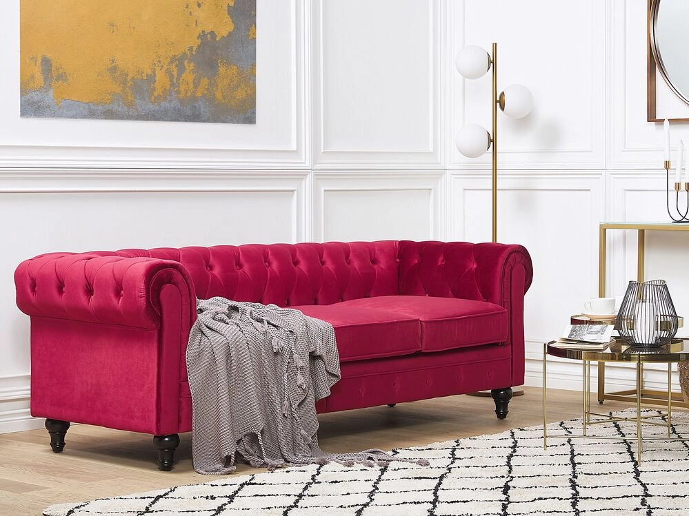Divano Chesterfield Tessuto Velluto Rosso Scuro Rivestimento Gambe Nere 3 Posti