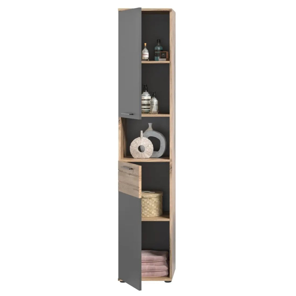 Colonna da bagno 2 porte - Grigio antracite e rovere chiaro - SELMA