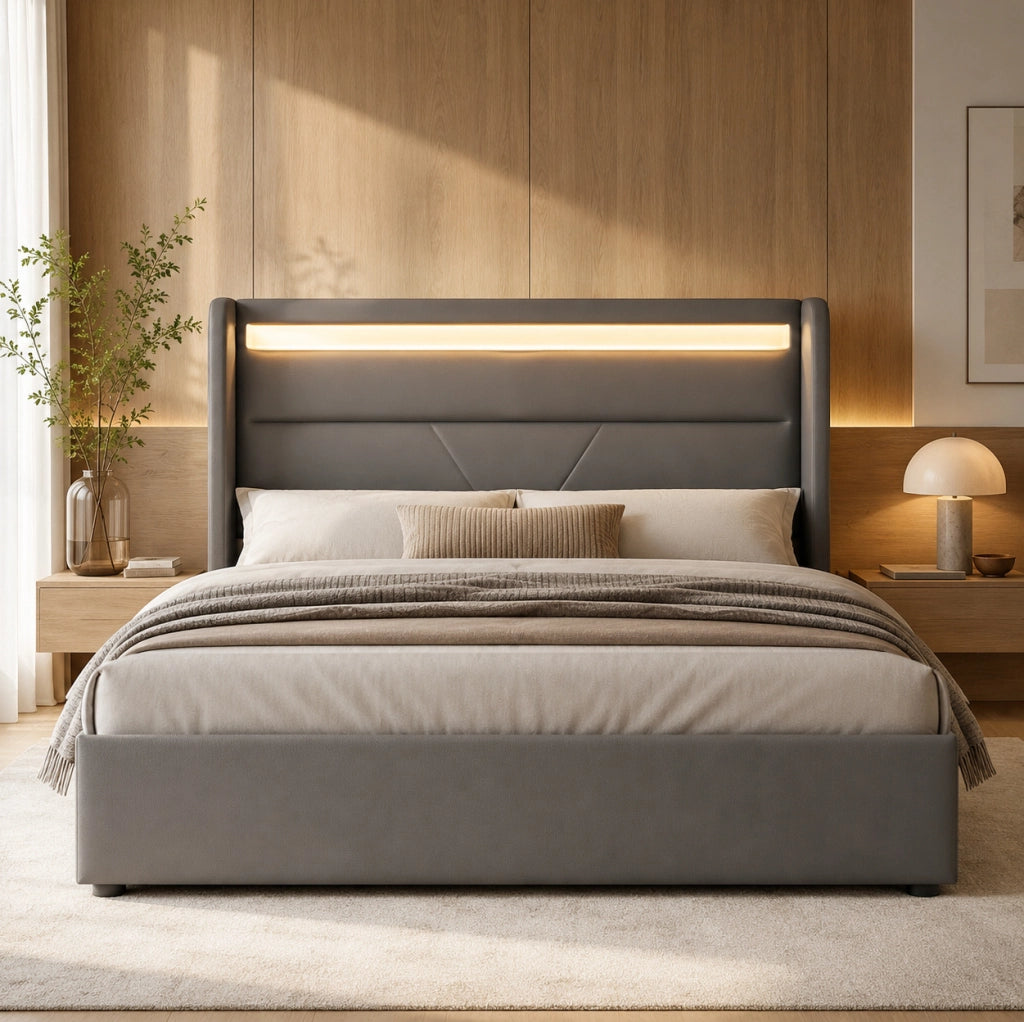 Letto contenitore 140x200 cm in PU grigio con LED