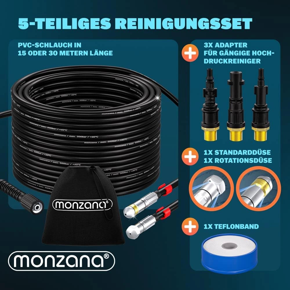 ® Kit Sonda Sturatubi per Pulizia Tubature Premium 30m 200bar 3 Adattatori 2 Bocchette Compatibili Idropulitrice Set Universale Sgorga Tubo