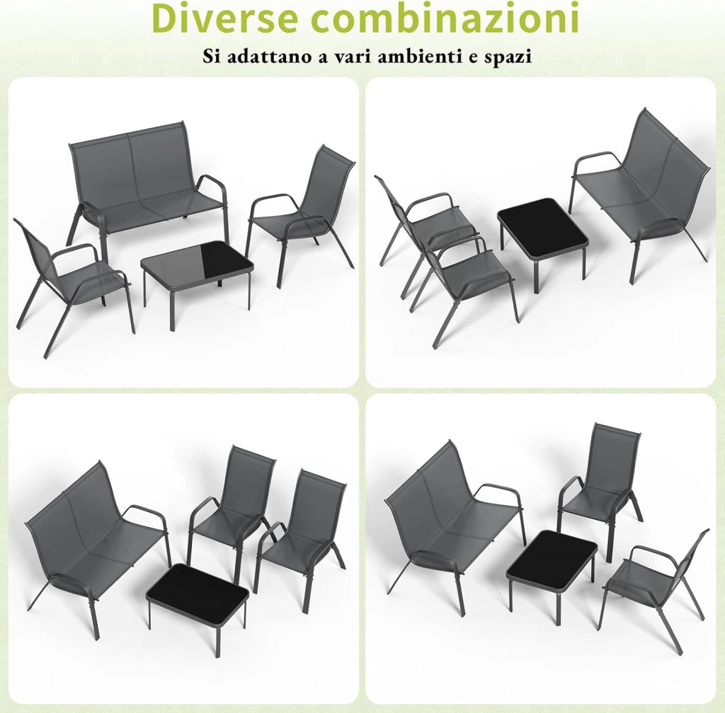 Set Salotto da Giardino 4 Pezzi, Set Mobili da Esterno con Divano 2 Posti, 2 Poltrone, 1 Tavolino in vetro, Textilene Traspirante, Set da Conversazioni per Piccolo Balcone, Terrazzo (Grigio)