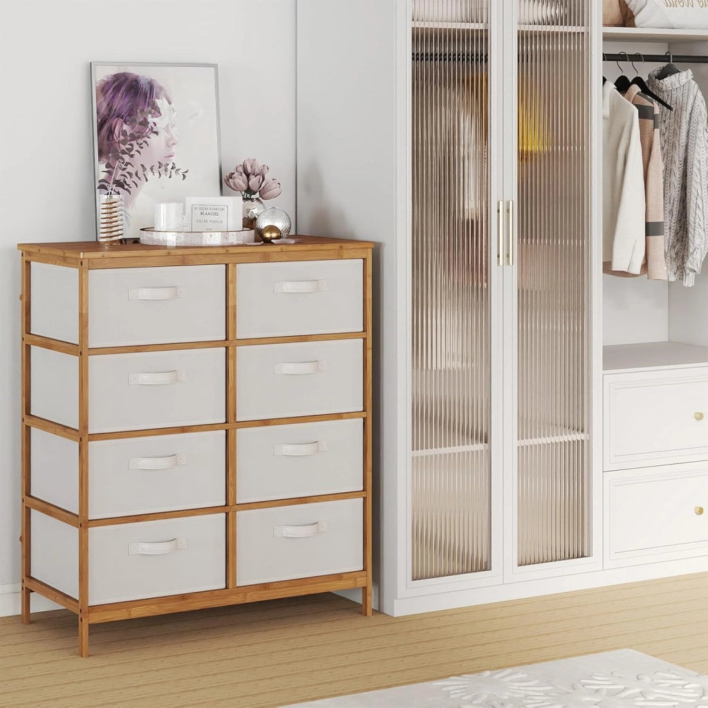 Cassettiera con 8 Cassetti, Torre di Stoccaggio in Tessuto di Bambù con Contenitori Rimovibili, Mobile con Cassetti per Guardaroba, Soggiorno, Corridoio, 80 x 40 x 94 cm