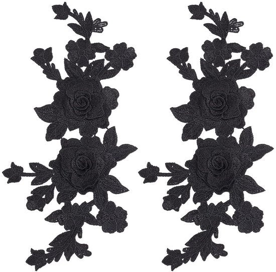 Applicazioni di fiori ricamate - Fiore rosso vittoriano - Nero - Stile boho - Perfetto per abbigliamento e accessori - 2 pezzi
