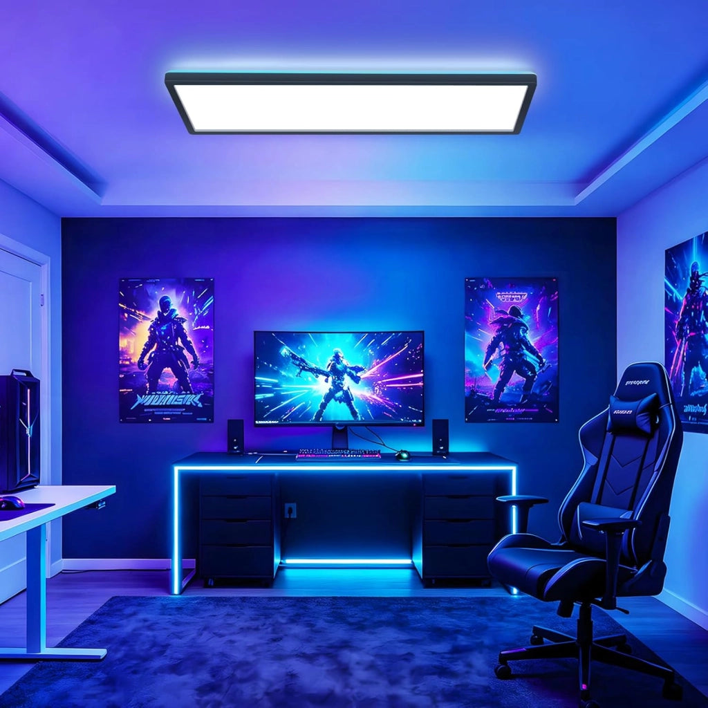 ZMH Lampada da soffitto LED Pannello Dimmabile Lungo Luce Diurna Retroilluminazione RGB Ufficio 22W per Soggiorno Nero