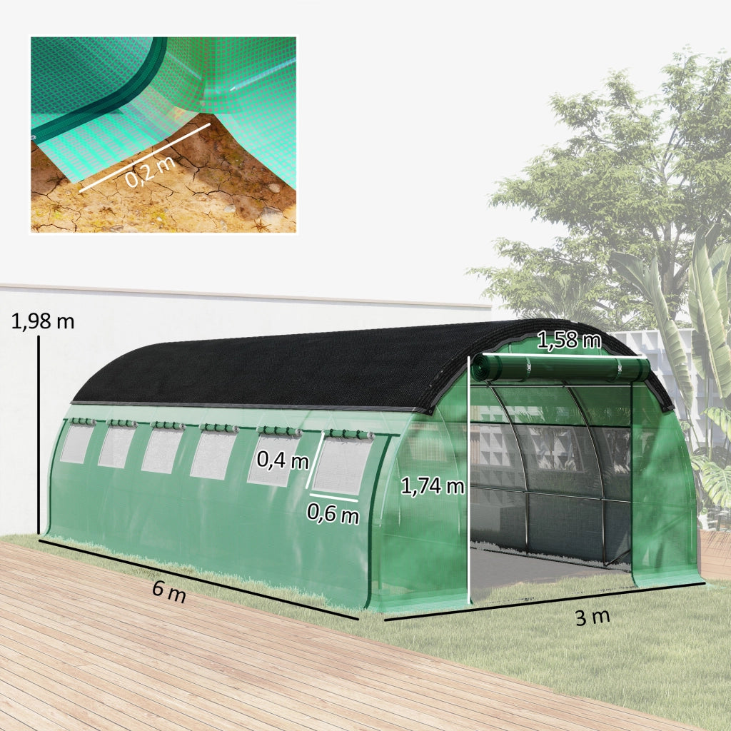 Serra tunnel 6 x 3 x 2 m in plastica verde con rete ombreggiante, porta arrotolabile, finestre e telaio in acciaio zincato