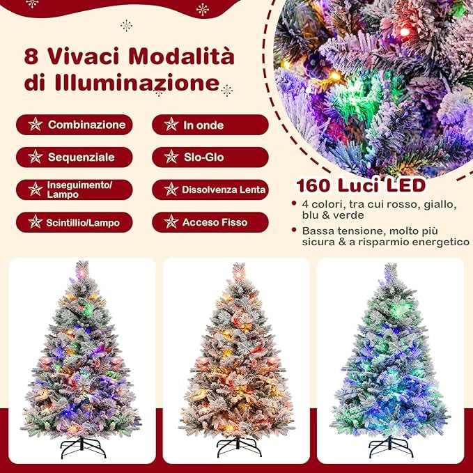 Albero di Natale Innevato 136/180/210 cm, Albero di Natale con 160/240/320 Luci LED, 472/850/1270 Rami di PE e PVC, 26/34/40 Pigne, Aghi di Pino e 8 Modalità di Illuminazione (136 CM)