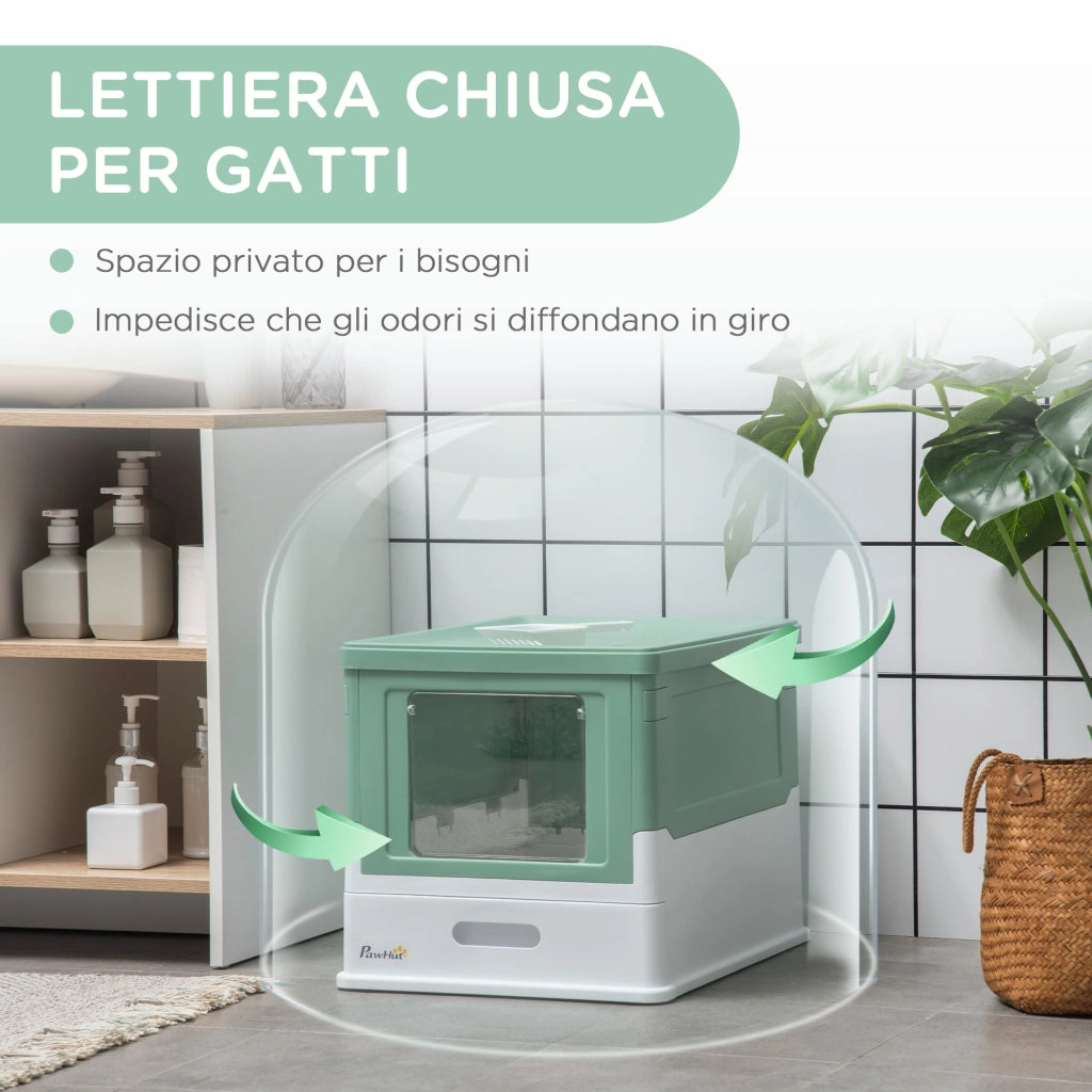 EasyComfort Lettiera per Gatti Chiusa con Paletta, Vassoio Estraibile e 2 Porte, 47.5x35.5x36.7cm, Verde