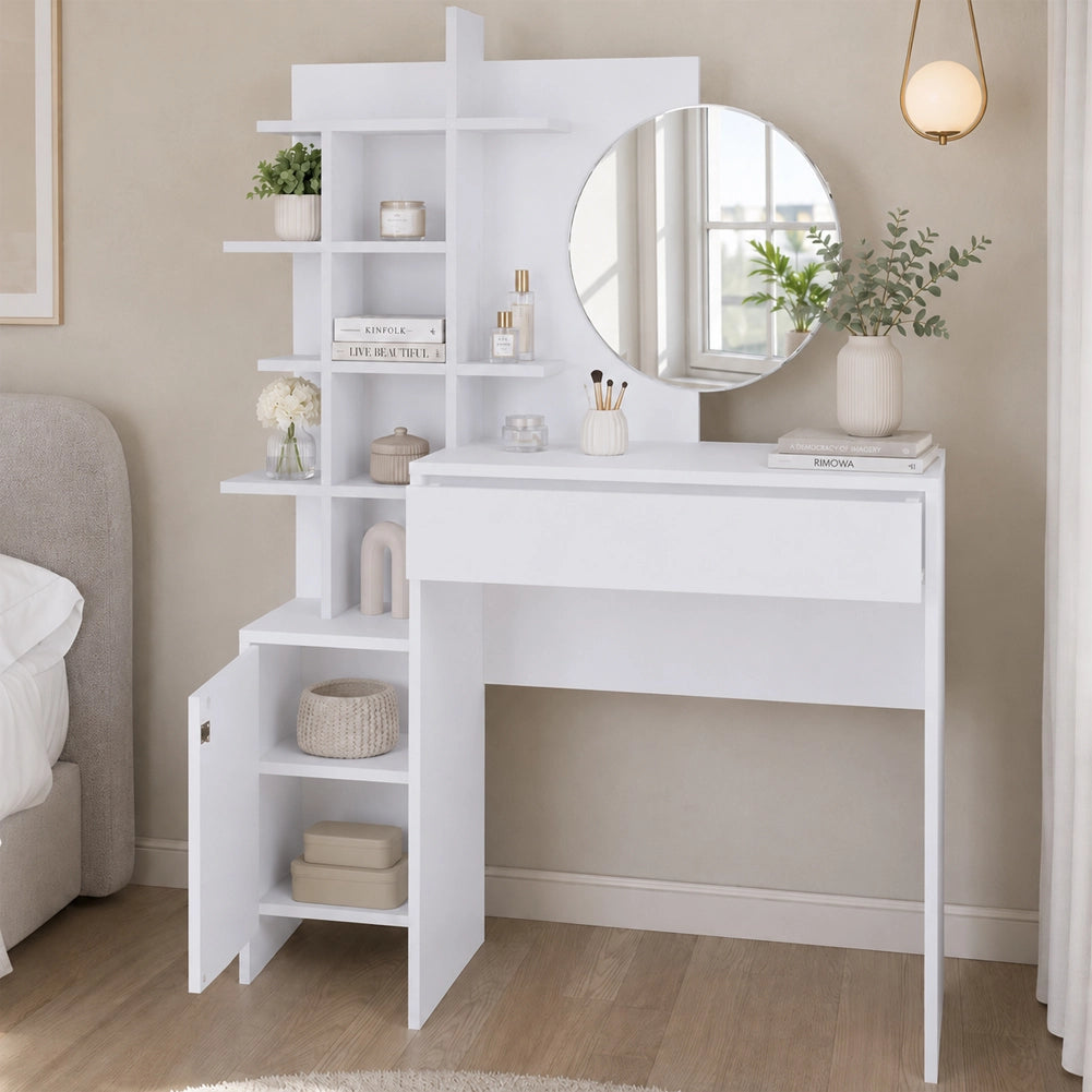 Toeletta Trucco 105x35x151 cm Postazione Make Up con Specchio Rotondo e Mensole Bianco