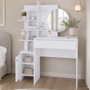 Toeletta Trucco 105x35x151 cm Postazione Make Up con Specchio Rotondo e Mensole Bianco