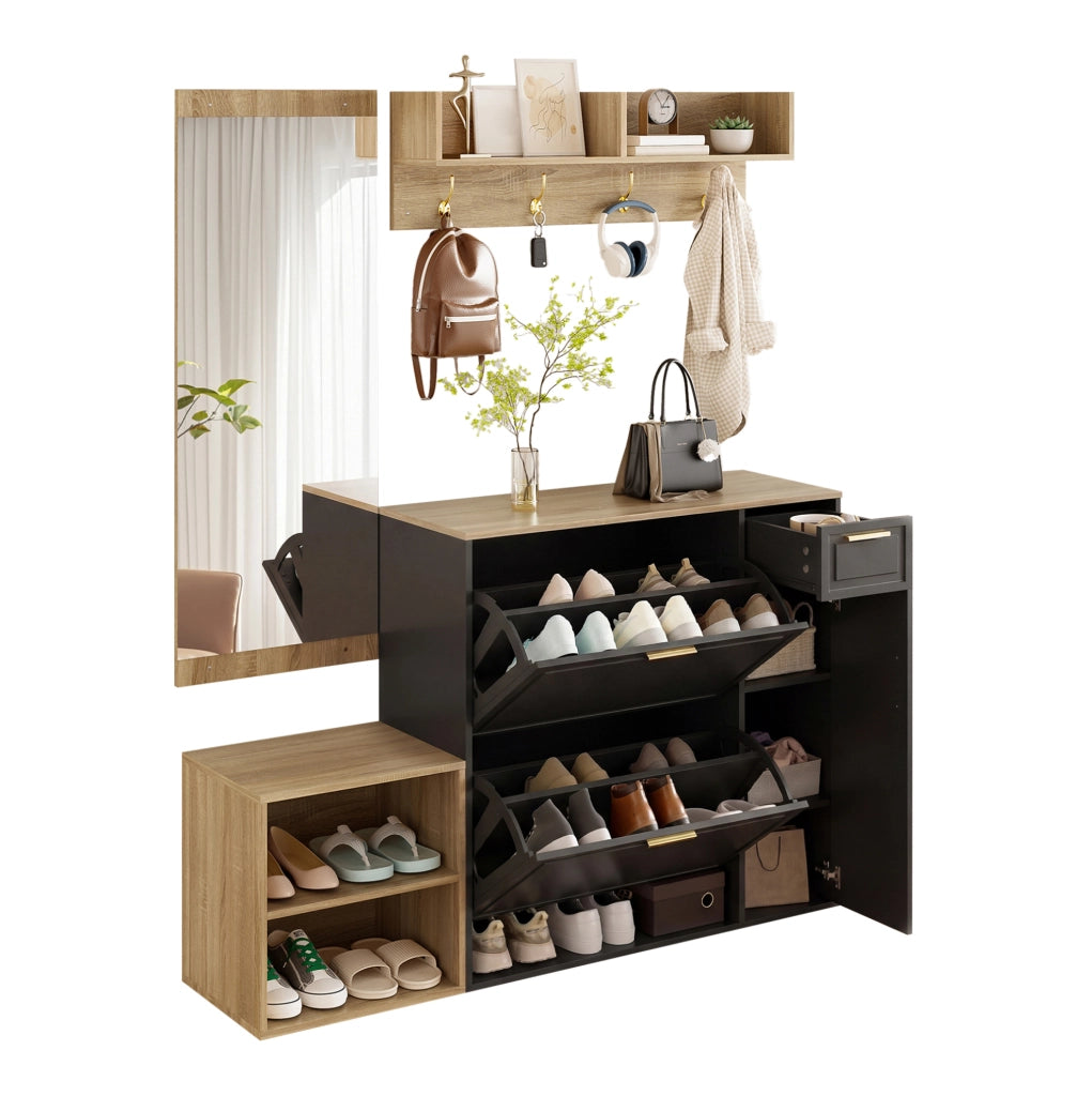 Set ingresso 4 pezzi nero e naturale con scarpiera e specchio